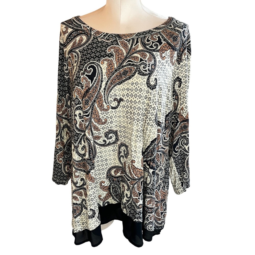 Rose + Olive Womens 3X Paisley Print Long Sleeve Tunic Top Black Tan Mixed